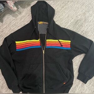Aviator Nation 5 Stripe Full Zip Hoodie Jacket Black + Neon
